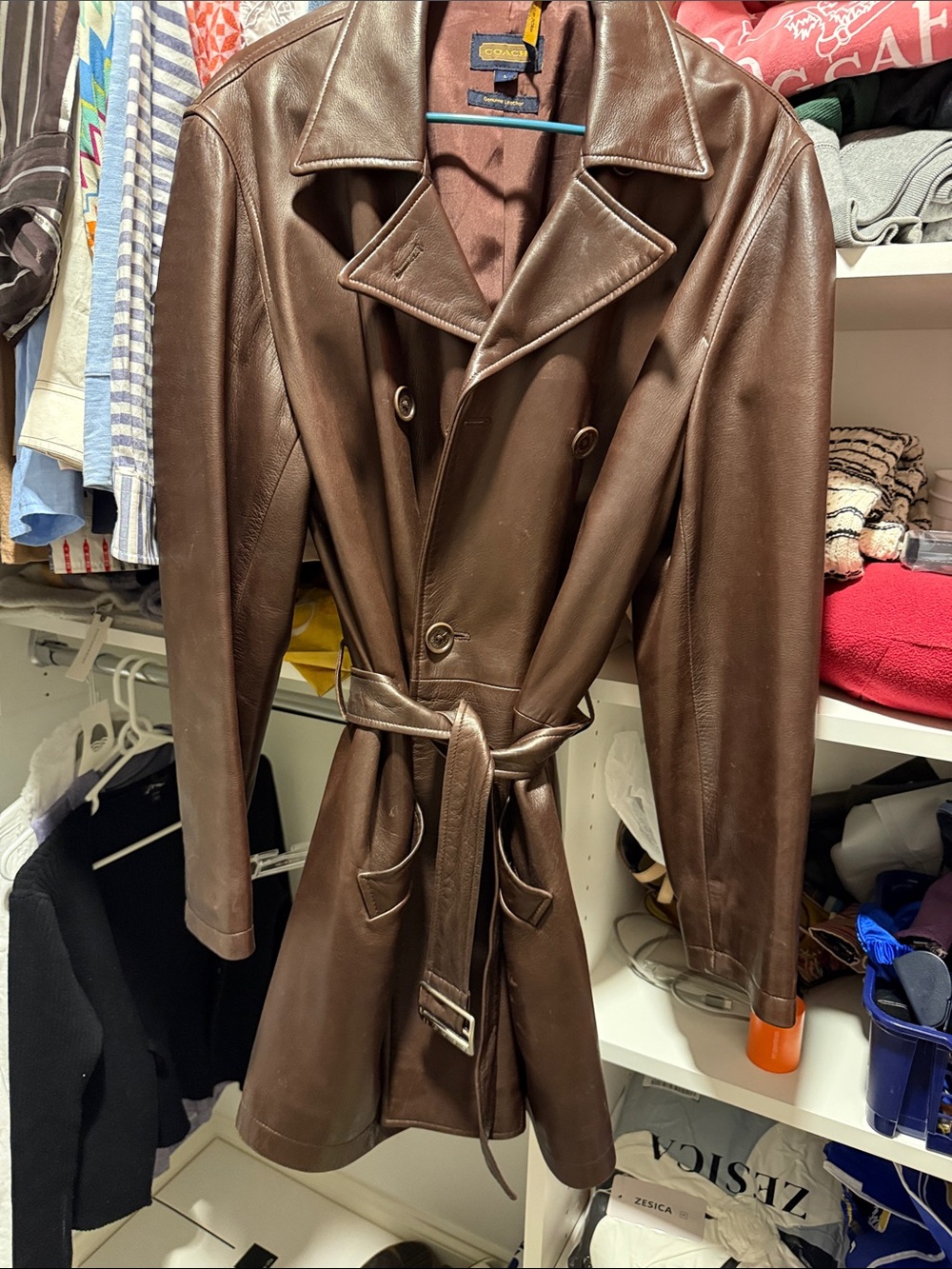 Coach Brown Leather Double-Breasted Trench Coat with Belt